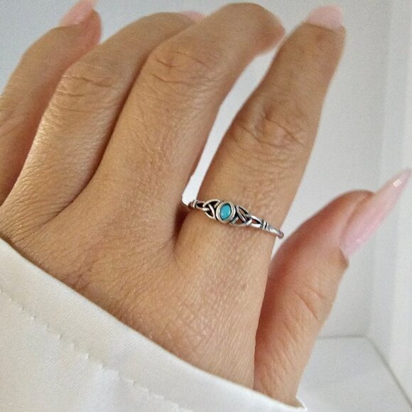 Women's 925 Sterling Silver Turquoise Celtic Ring Tiny Dainty Celtic Stone Ring - Picture 4 of 10